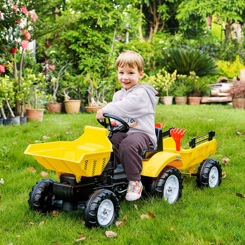 Ride On Toy Pedal Dump Truck, Front Loader Construction Tractor with Detachable Trailer, Yellow