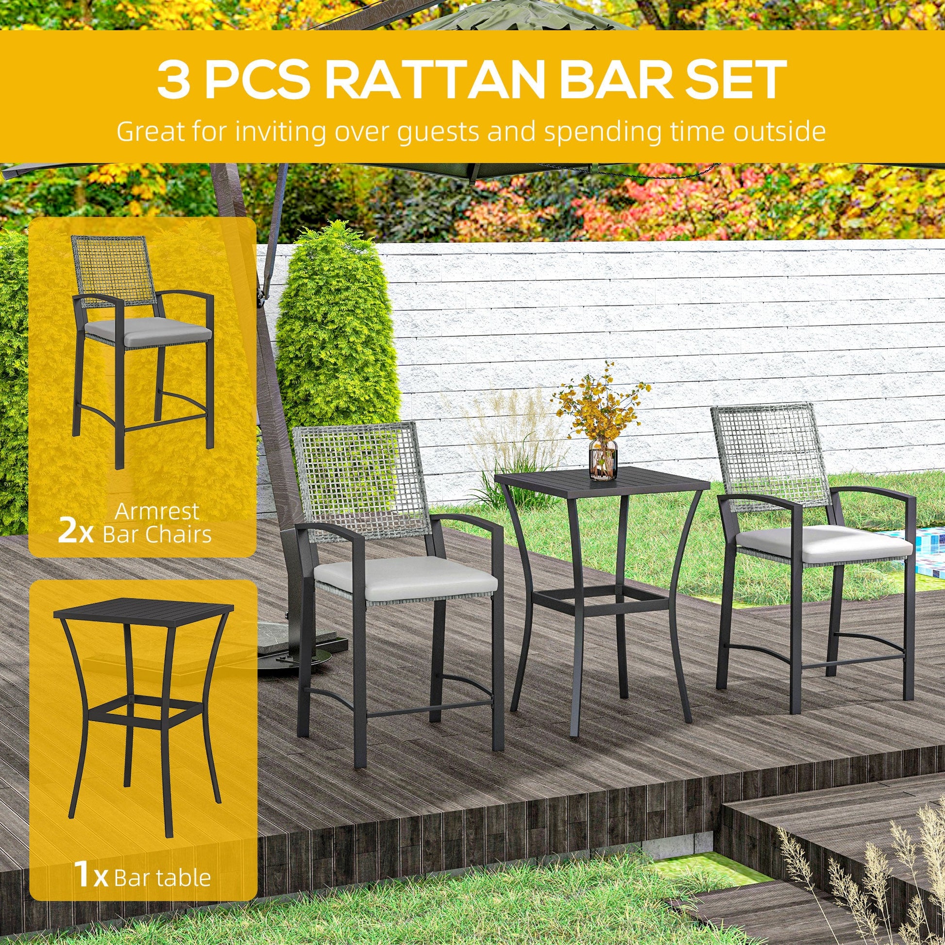 3pc Rattan Patio Bar Table and Bar Chairs w/ Cushions Home Bar Furniture Bistro Sets   at Gallery Canada