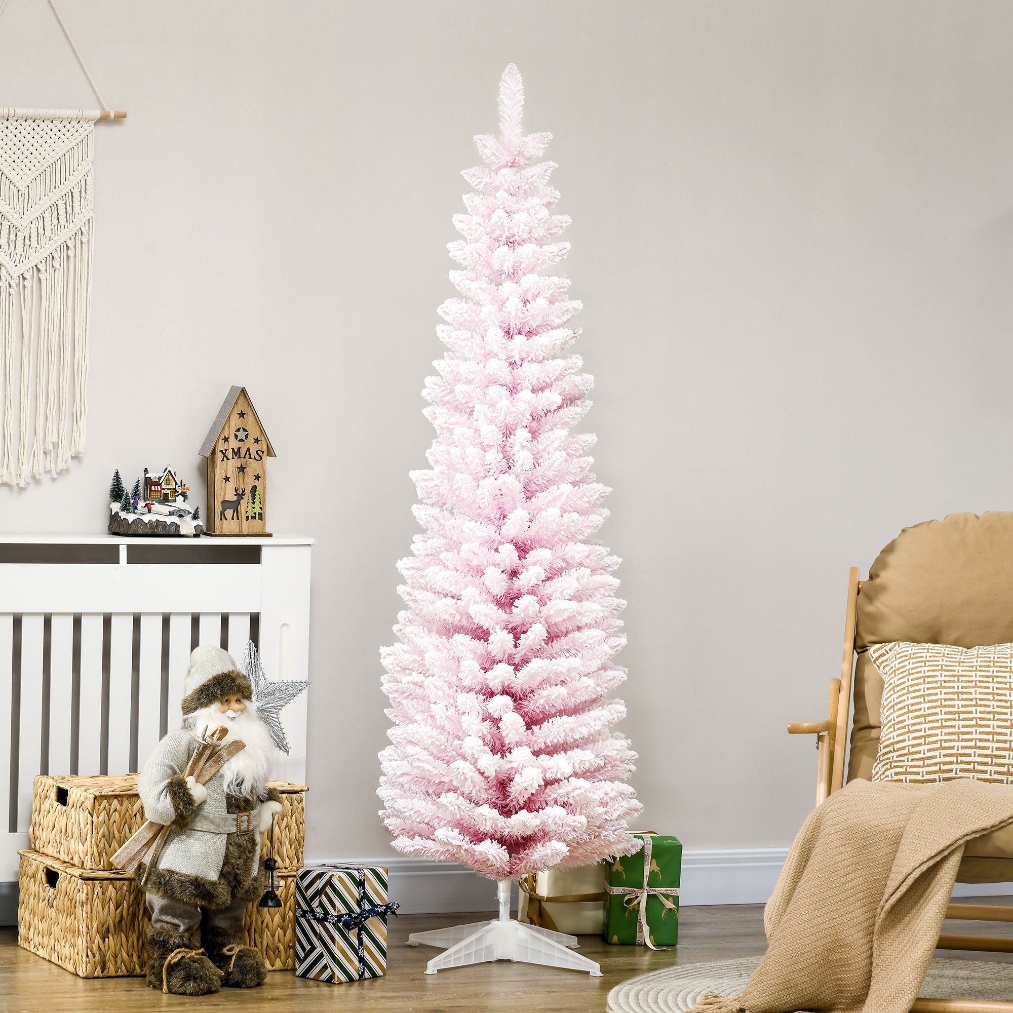 6ft Flocked Christmas Tree, Pencil Artificial Christmas Tree with Realistic Branches, Pink Pencil Christmas Trees Pink  at Gallery Canada