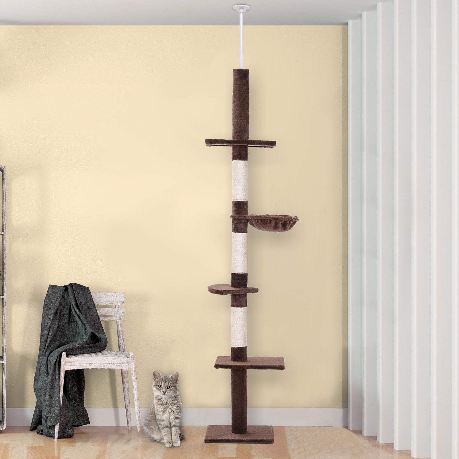 8.5ft Cat Climbing Tree 5-Tier Kitty Activity Center with Scratching Post Brown and White Floor to Ceiling Cat Trees at Gallery Canada