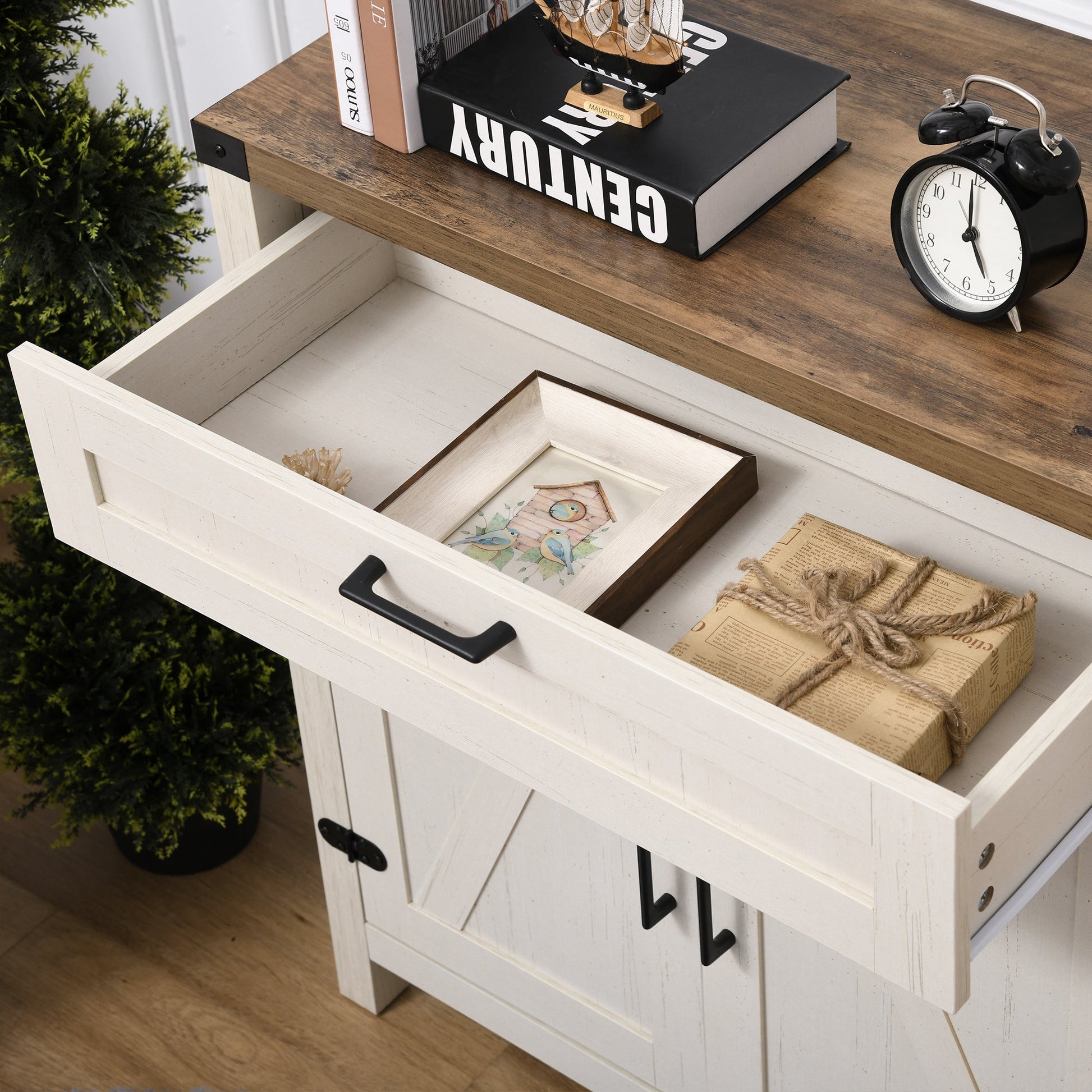 Sideboard Buffet Cabinet, Farmhouse Kitchen Storage Cabinet with 2 Rustic Barn Doors and Drawer, White Bar Cabinets   at Gallery Canada