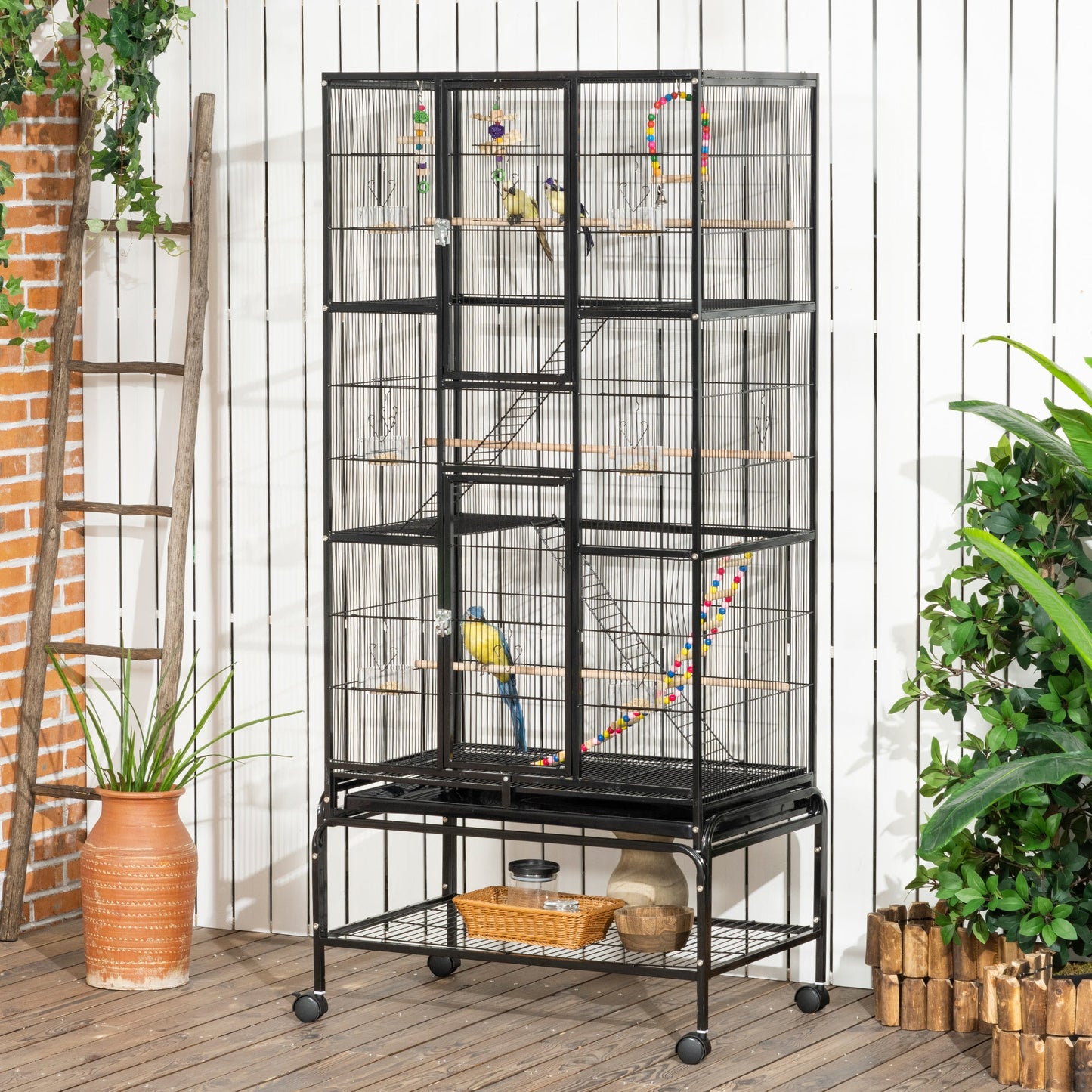 71" Bird Cage with Wheels Perches, Ramp, Storage Shelf, Toys for Canaries, Finches, Cockatiels, Parakeets, Black Bird Cages   at Gallery Canada