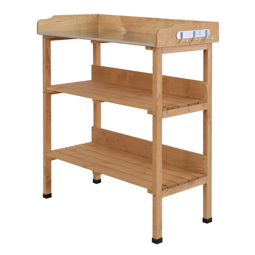 Outdoor Garden Wooden Potting Bench Work Station Table Tool Storage Shelf w/ Hooks, Natural