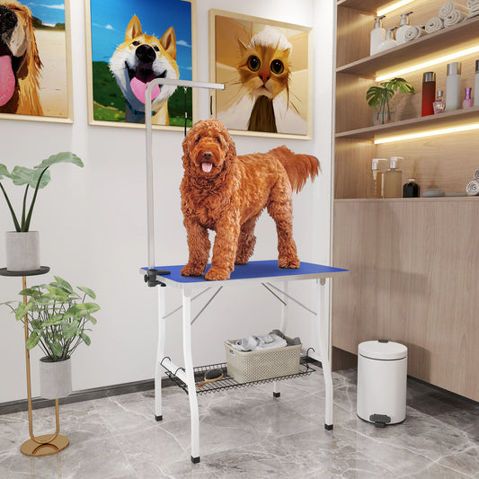 Dog Grooming Table w/ Adjustable Arm, Mesh Tray, Two Nooses, Rubber Surface, 35" x 24" x 30", Blue Dog Grooming Tables at Gallery Canada