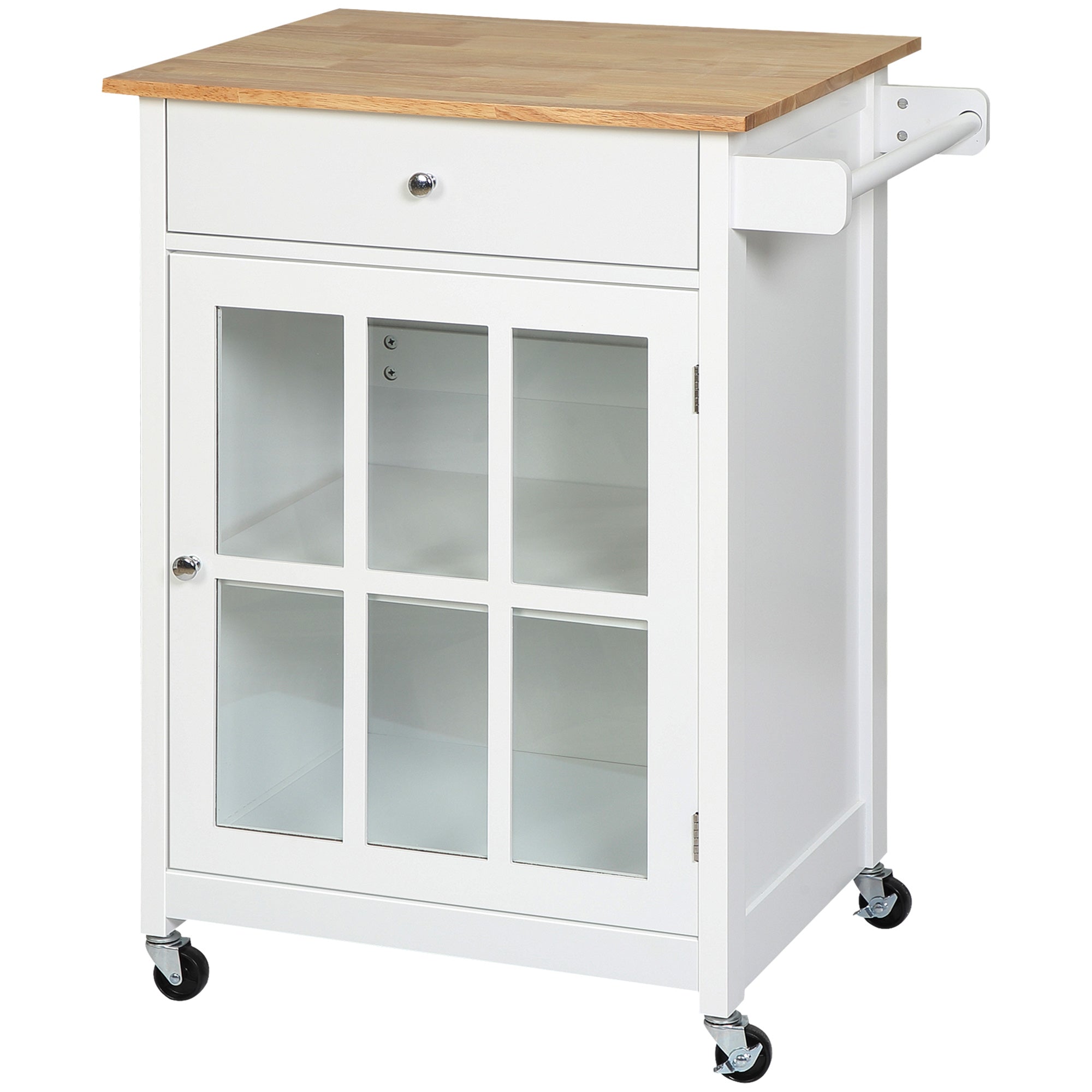Rolling Kitchen Cart with Drawer and Glass Door Cabinet, Kitchen Island on Wheels with Towel Rack, White Kitchen Islands & Kitchen Carts at Gallery Canada