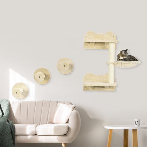 4Pcs Cat Wall Shelf with Scratching Posts, Hammock, Steps, Platforms, Cat Shelves for Relaxing, Sleeping, Jumping, Cat Wall Climber for Indoor Cats, Beige