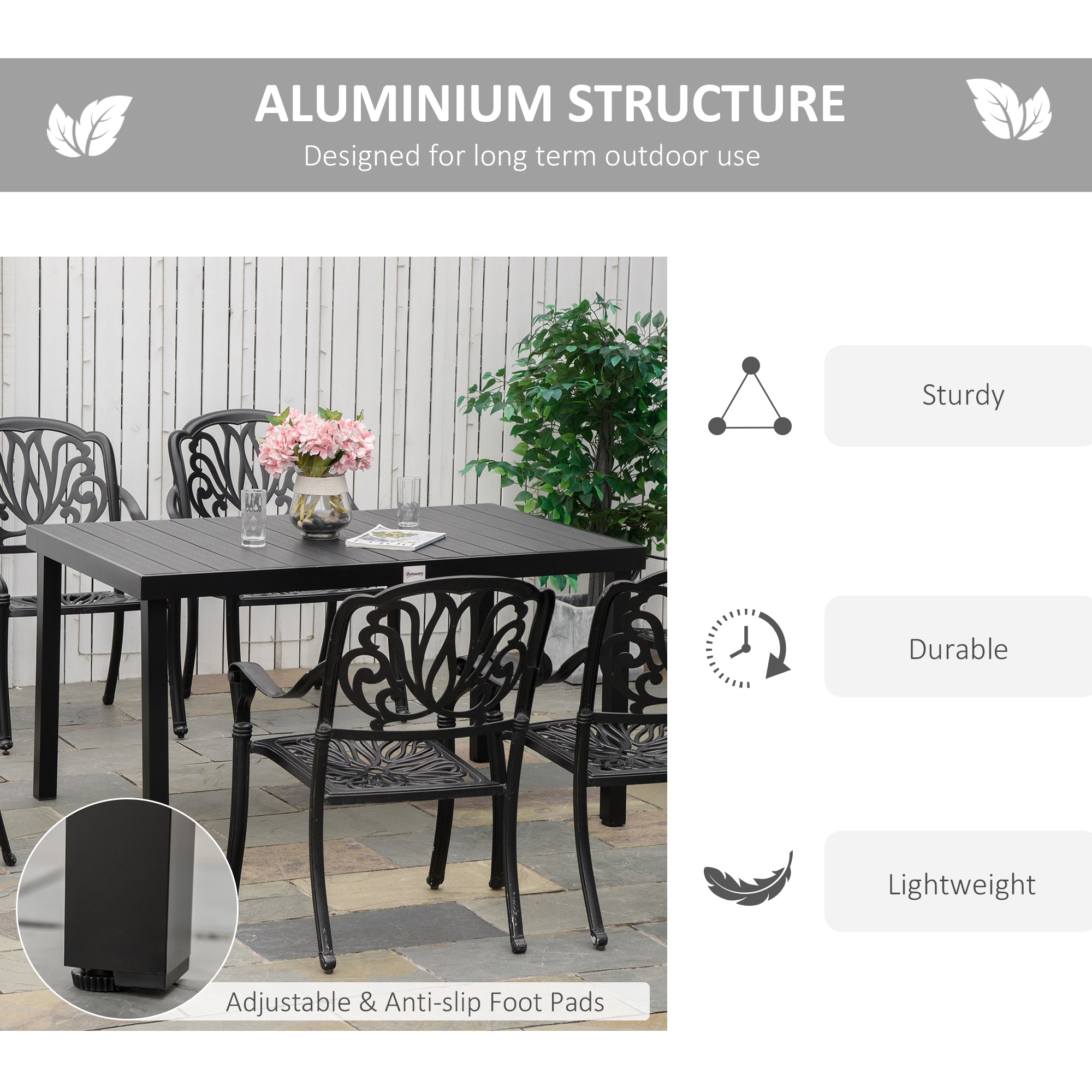 Aluminum Outdoor Dining Table for 6, Patio Rectangular Table, 55