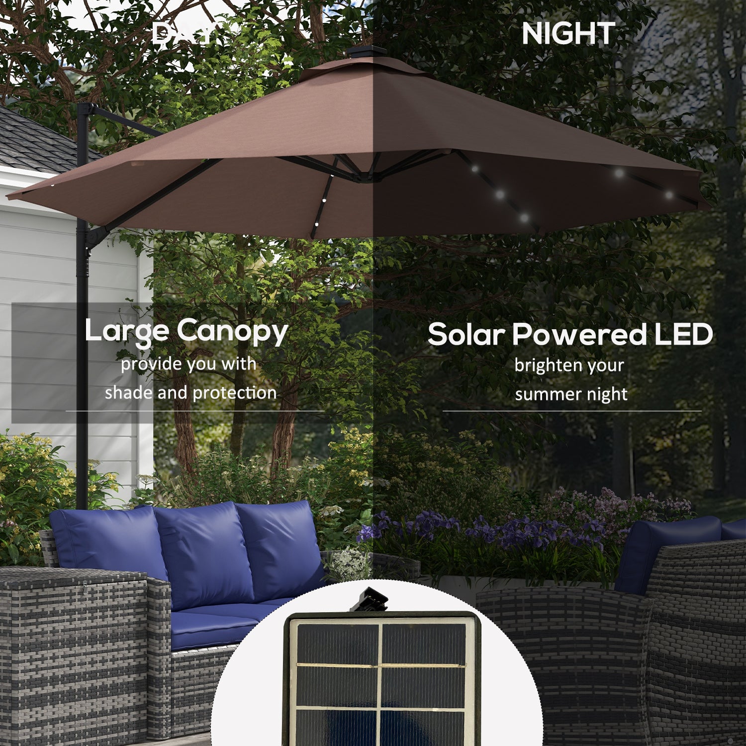 9.5'x8.5' Cantilever Umbrella with Solar Powered LED Lights, Rectangle Hanging Offset Umbrella with 360°Rotation Cantilever Umbrellas at Gallery Canada
