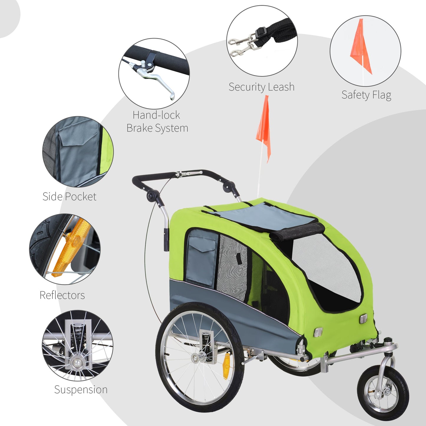 Dog Bike Trailer 2-In-1 w/ Suspension, Hitch, Storage Pockets, Green Dog Bike Trailers & Strollers   at Gallery Canada