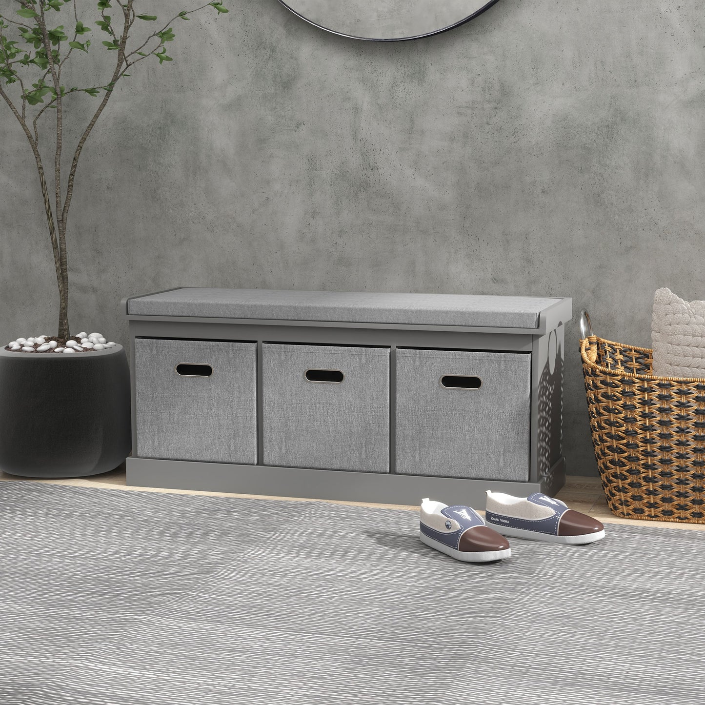 Shoe Storage Bench with Seat, Entryway Bench Seat with Cushion, 3 Fabric Drawers for Hallway, Grey Shoe Storage Cabinets & Racks Grey at Gallery Canada