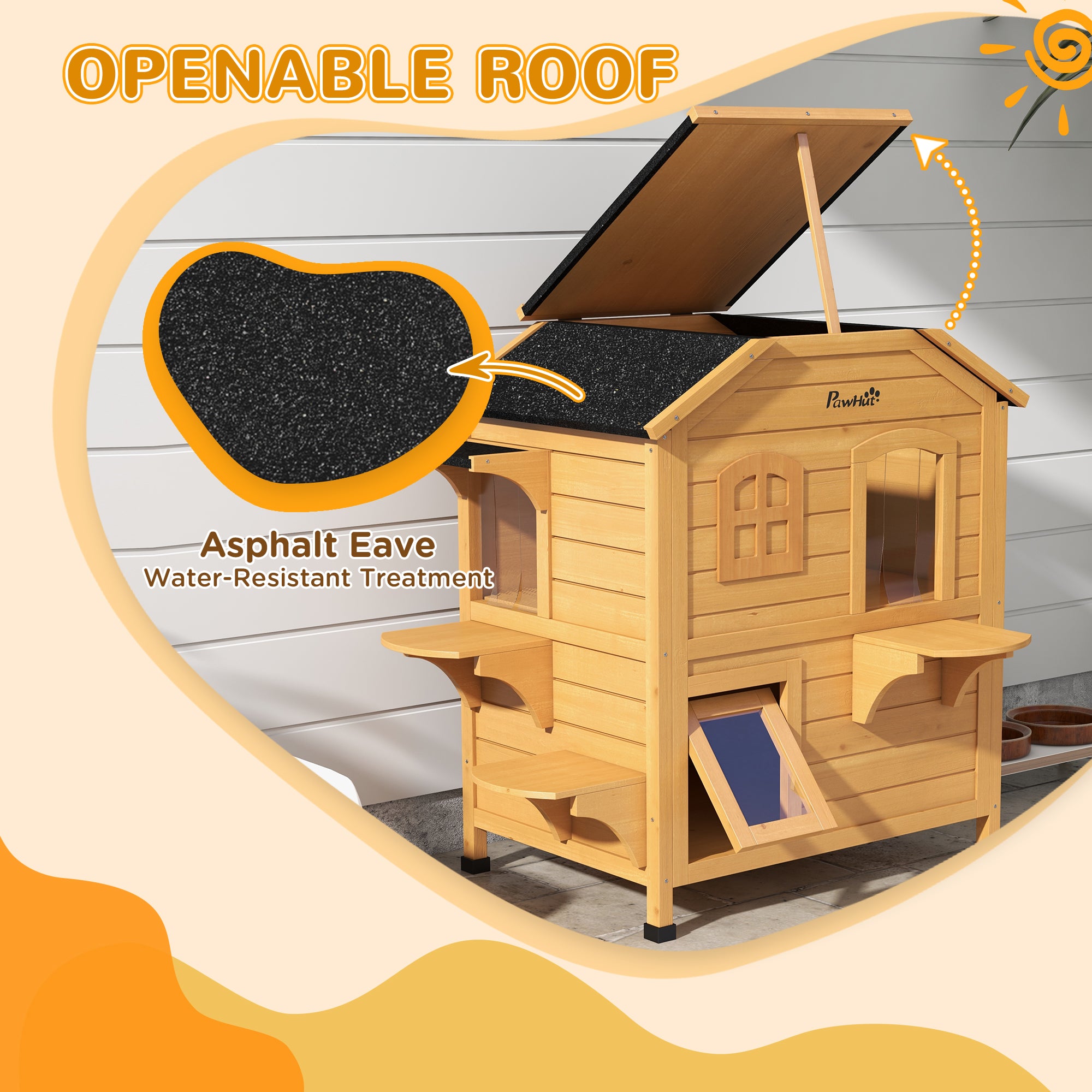 2-Storey Outdoor Cat House, Wooden Catio with Openable Roof, Lounge Space, Fun Entrances, for Feral Cats, Yellow Cat Houses at Gallery Canada
