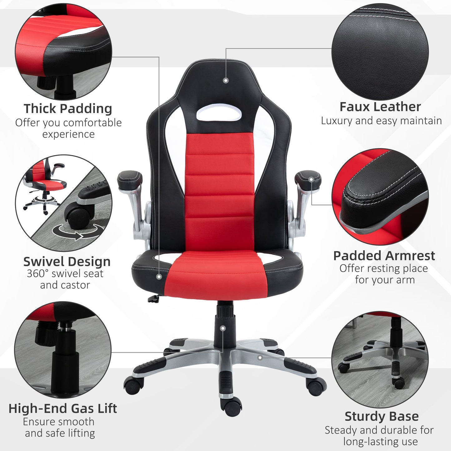 Racing Gaming Chair PU Leather Office Chair Executive Computer Desk Chair with Adjustable Height, Flip Up Armrest, Swivel Wheels, Red Video Game Chairs   at Gallery Canada