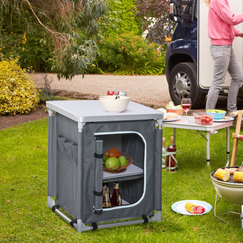 Camping Kitchen Station, Aluminum Camping Table Cook Cupboard with 2-Shelf and Carrying Bag for BBQ Party Picnics, Grey