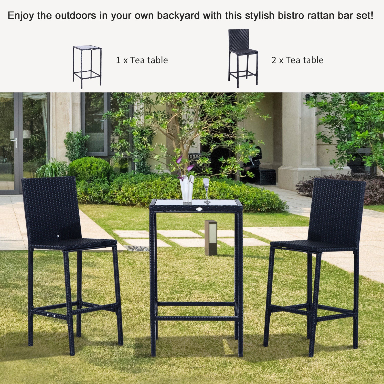 3 Piece Patio Bar Set Wicker Rattan Garden Bistro Set Barstool and Table for Patio Backyard Balcony Poolside, Black Bistro Sets at Gallery Canada