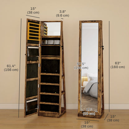 360° Swivel Jewelry Armoire, Lockable Mirror Jewelry Cabinet with Built-In Small Mirror, Rustic Brown Jewelry Armoire & Jewellery Mirror Cabinets   at Gallery Canada