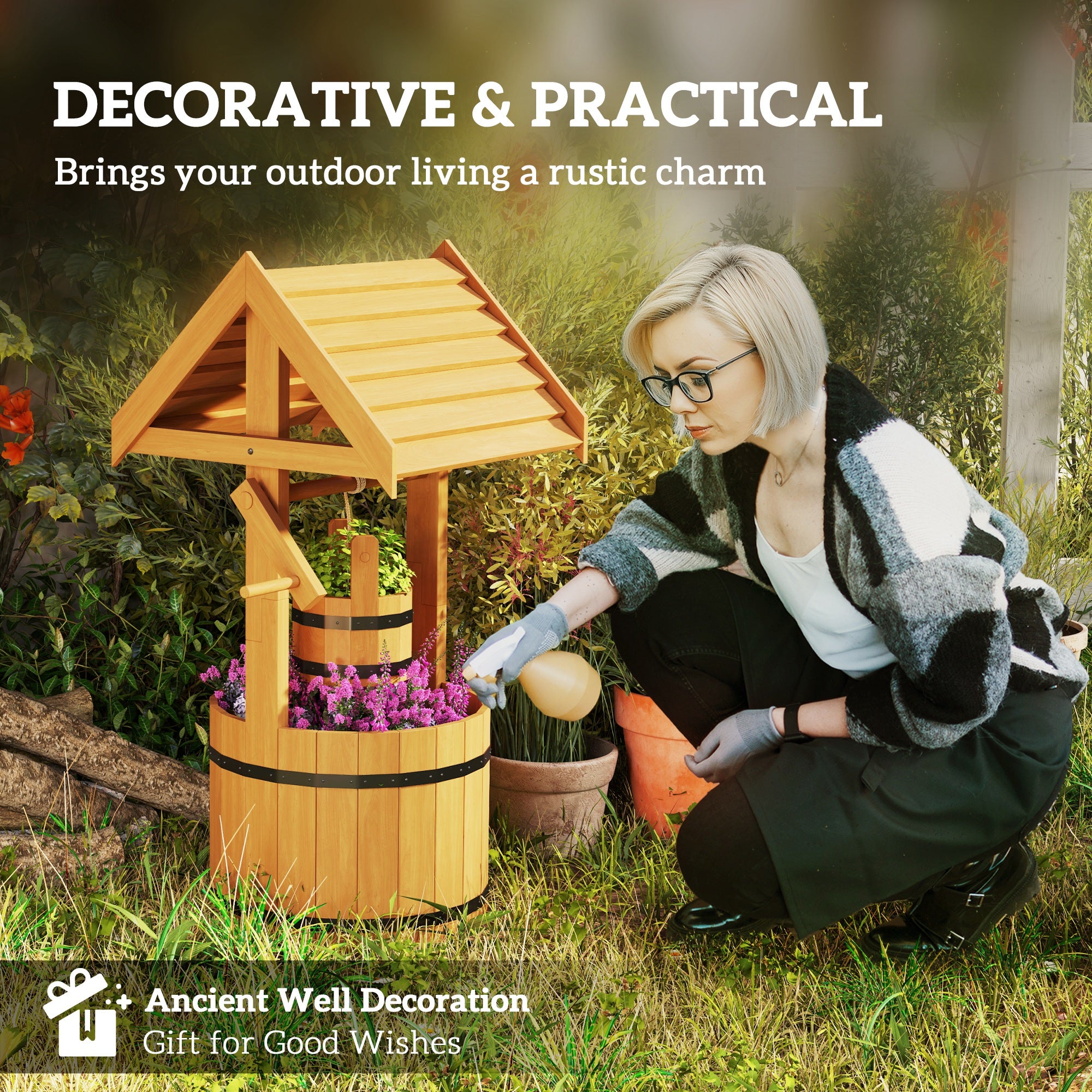 Wood Wishing Well Outdoor Wooden Planter with Hanging Bucket and Drainage Hole for Garden, Patio, Backyard, Orange Garden Decor at Gallery Canada