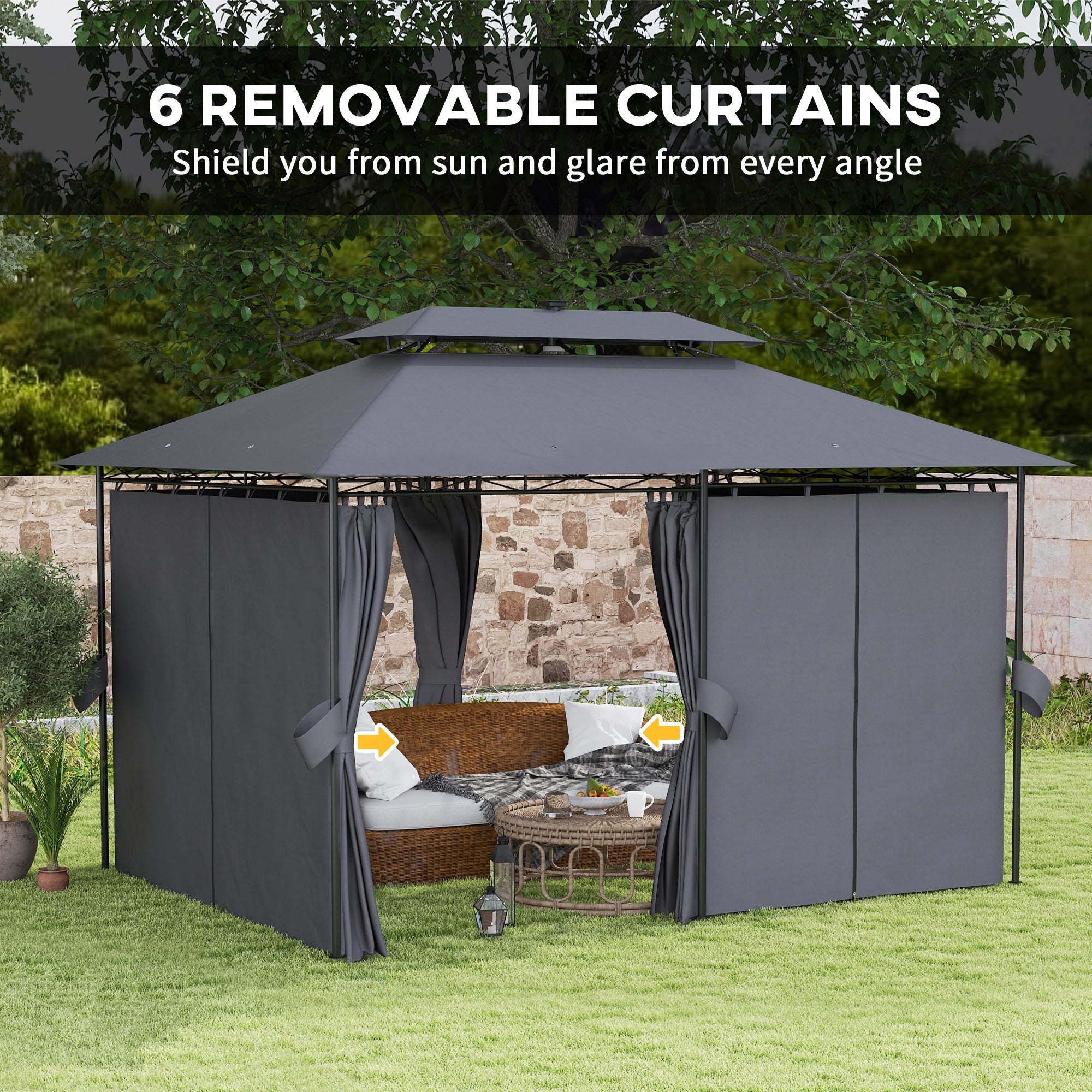 10' x 13' Outdoor Gazebo with Curtains and Solar-Powered LED Lights, Double Roof Patio Gazebo Canopy Shelter Gazebos at Gallery Canada