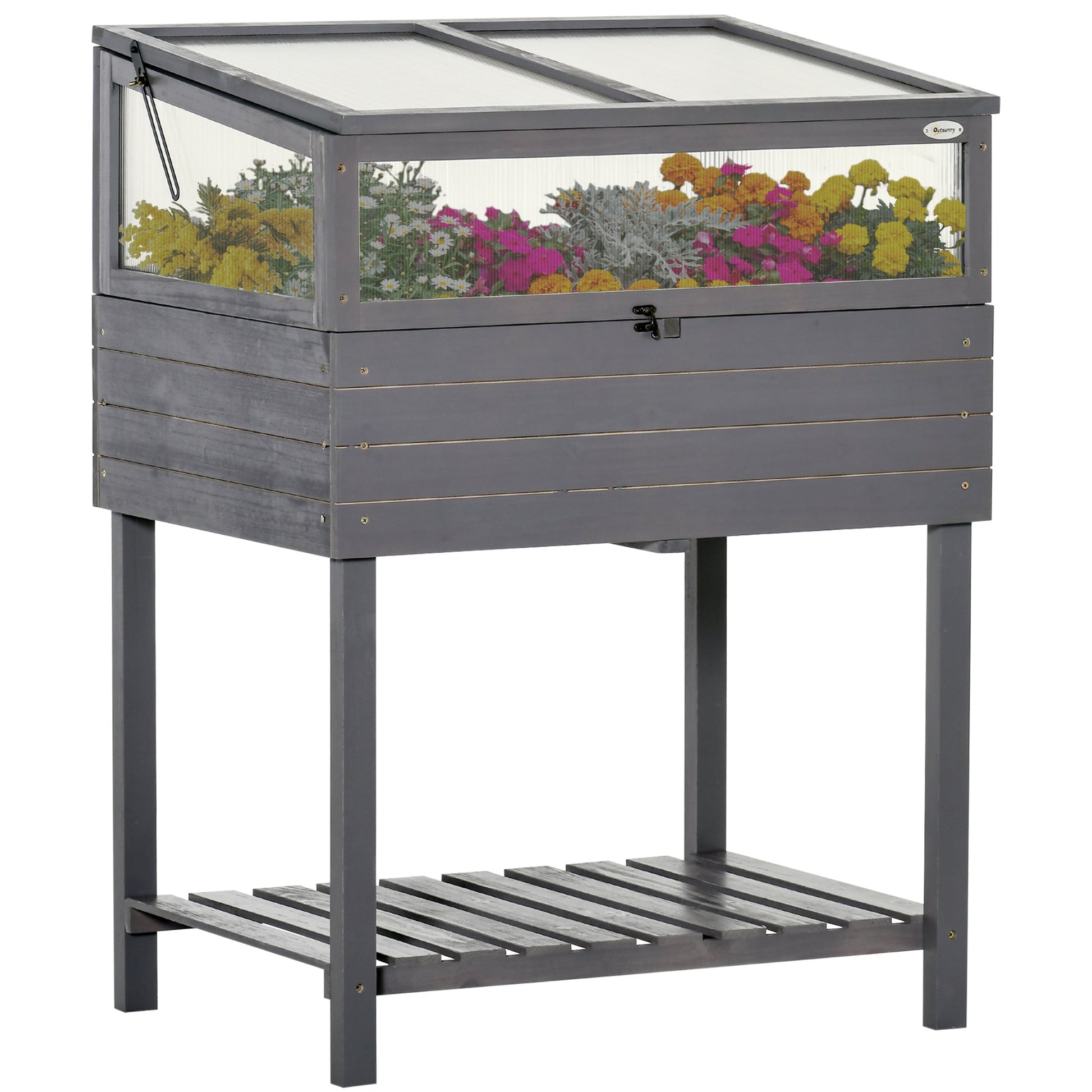 Raised Garden Bed with Cold Frame Greenhouse, Grow Grids and Storage Shelf, Outdoor 2 Tiers Elevated Wood Planter Box for Herbs and Vegetables, Use for Patio, Backyard, Balcony - Gallery Canada