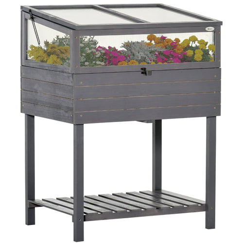 2-Tier Raised Garden Bed with Cold Frame, Grow Grids, Shelf for Herbs, Grey