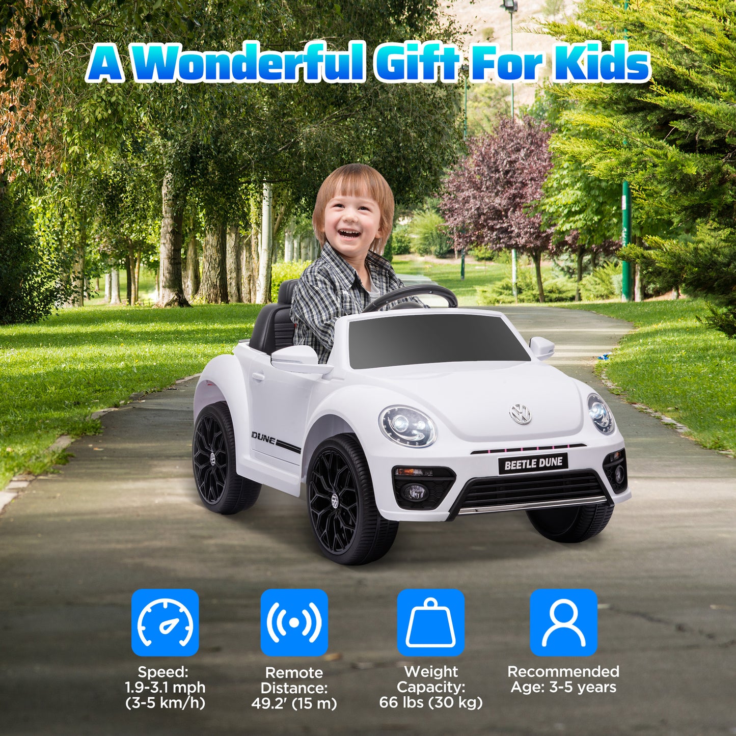 12V Volkswagen Beetle Licensed Electric Car for Kids w/ Remote Control, 4 Spring Suspension Wheels, Soft Start, White Electric Toy Cars   at Gallery Canada