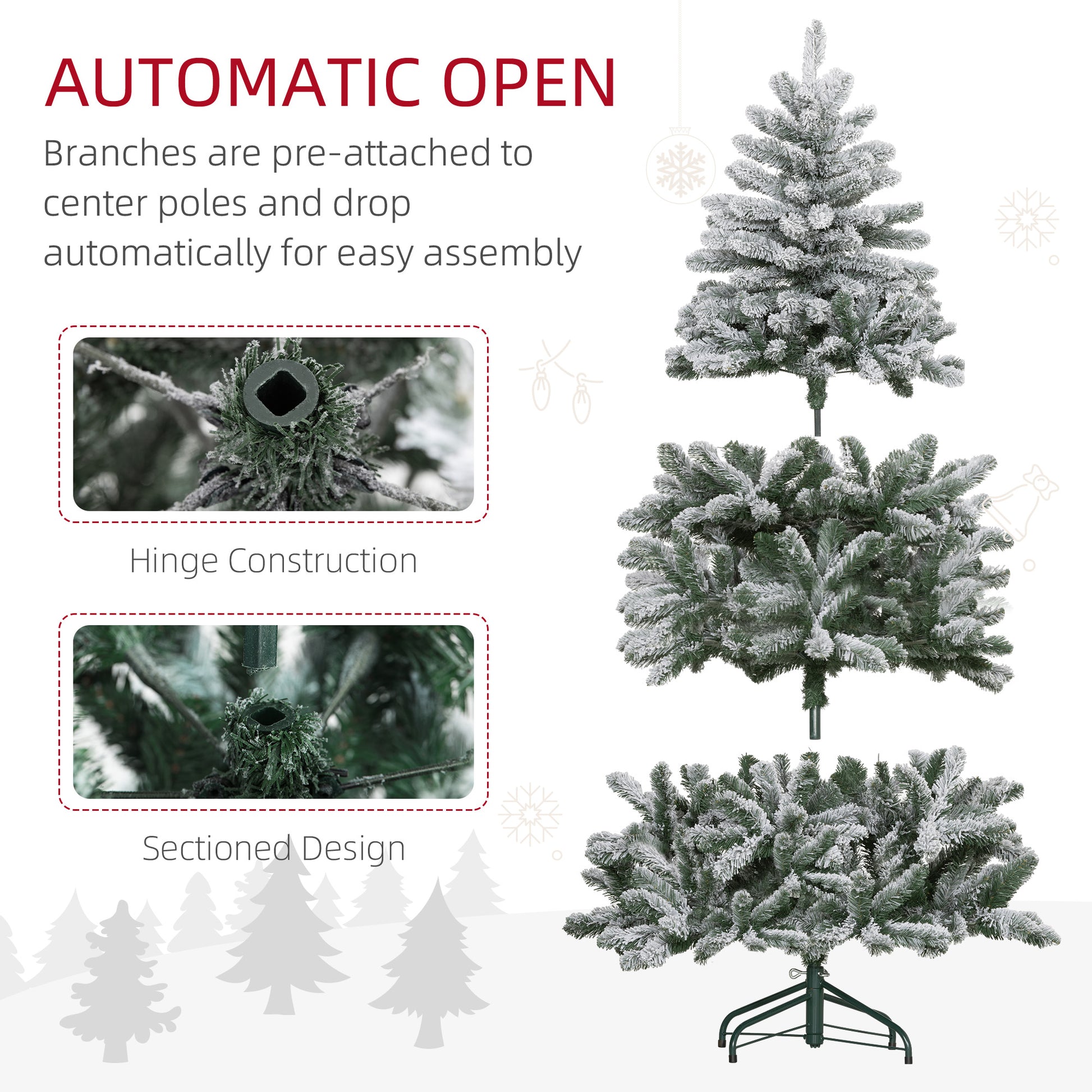 5 Foot Artificial Flocked Christmas Tree with Snow, Metal Stand, Hinged Xmas Tree for Home Office Holiday Flocked Christmas Trees   at Gallery Canada