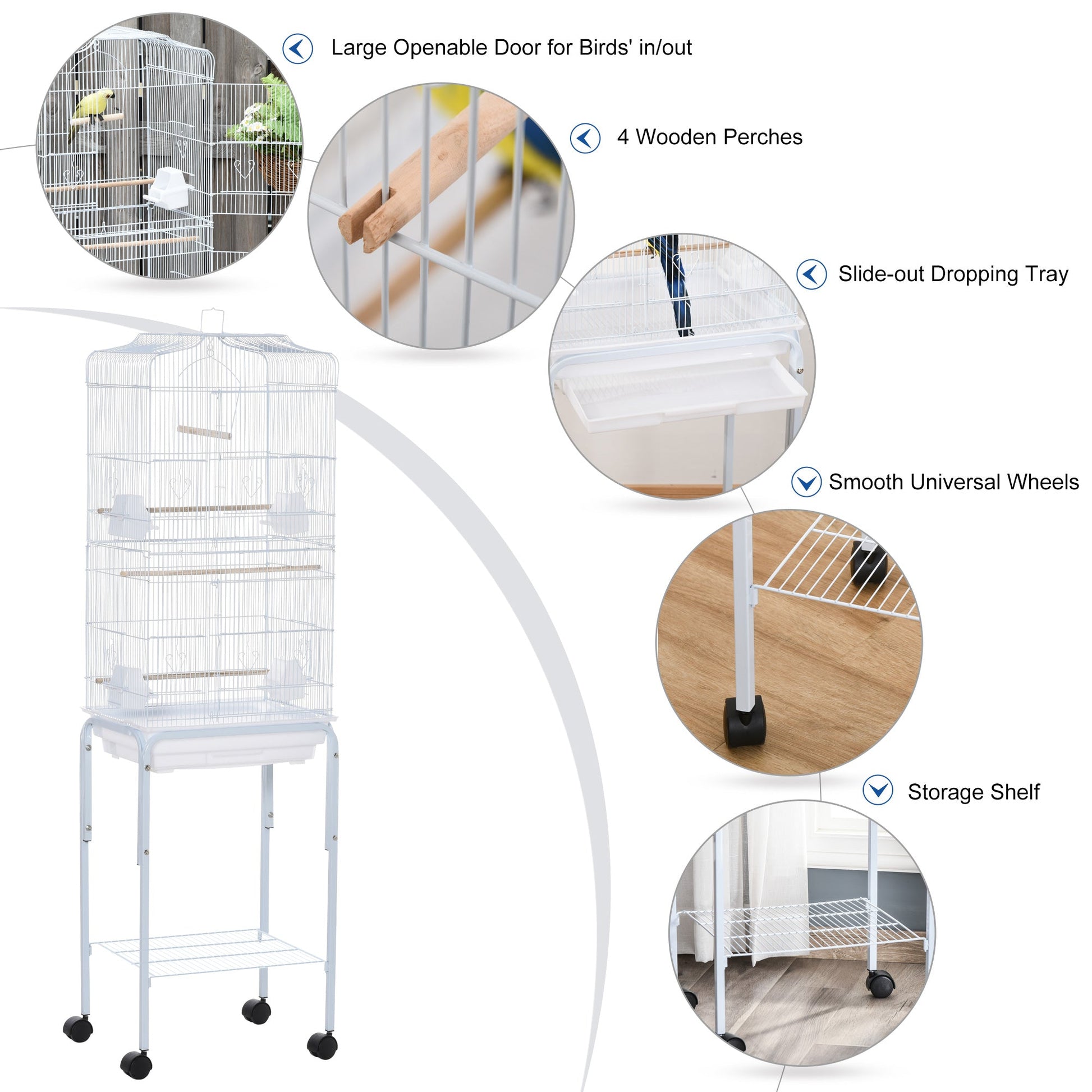 62" Rolling Bird Cage Cockatoo House Play Top Finch Pet Supply with Storage Shelf, Wheels - White Bird Cages   at Gallery Canada