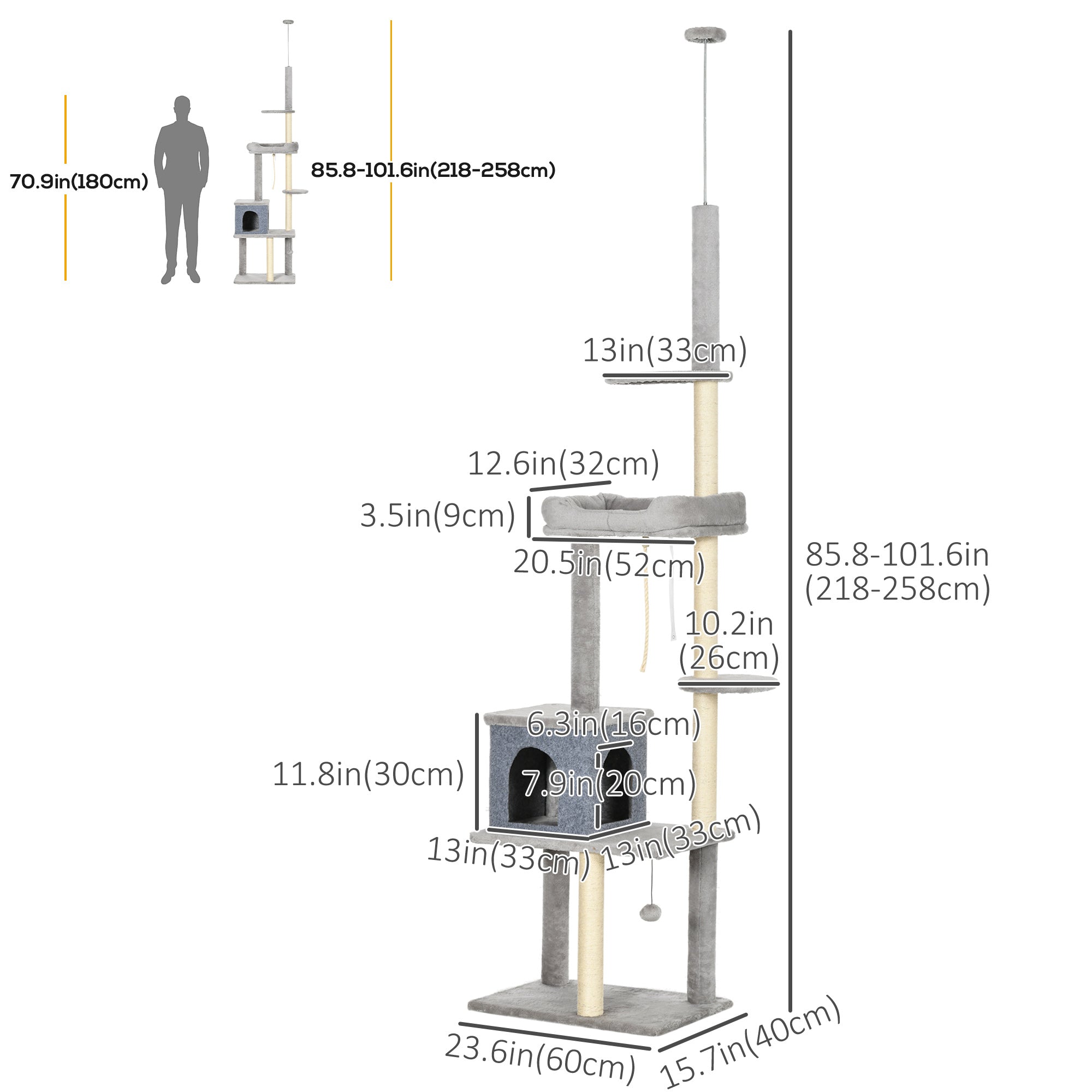 Cat Tree Floor to Ceiling Cat Tower Height Adjustable( 85-101 Inches), Tall Large Cat Climbing Activity Center with Scratching Posts Cat Condo Cozy Bed, Grey Floor to Ceiling Cat Trees at Gallery Canada