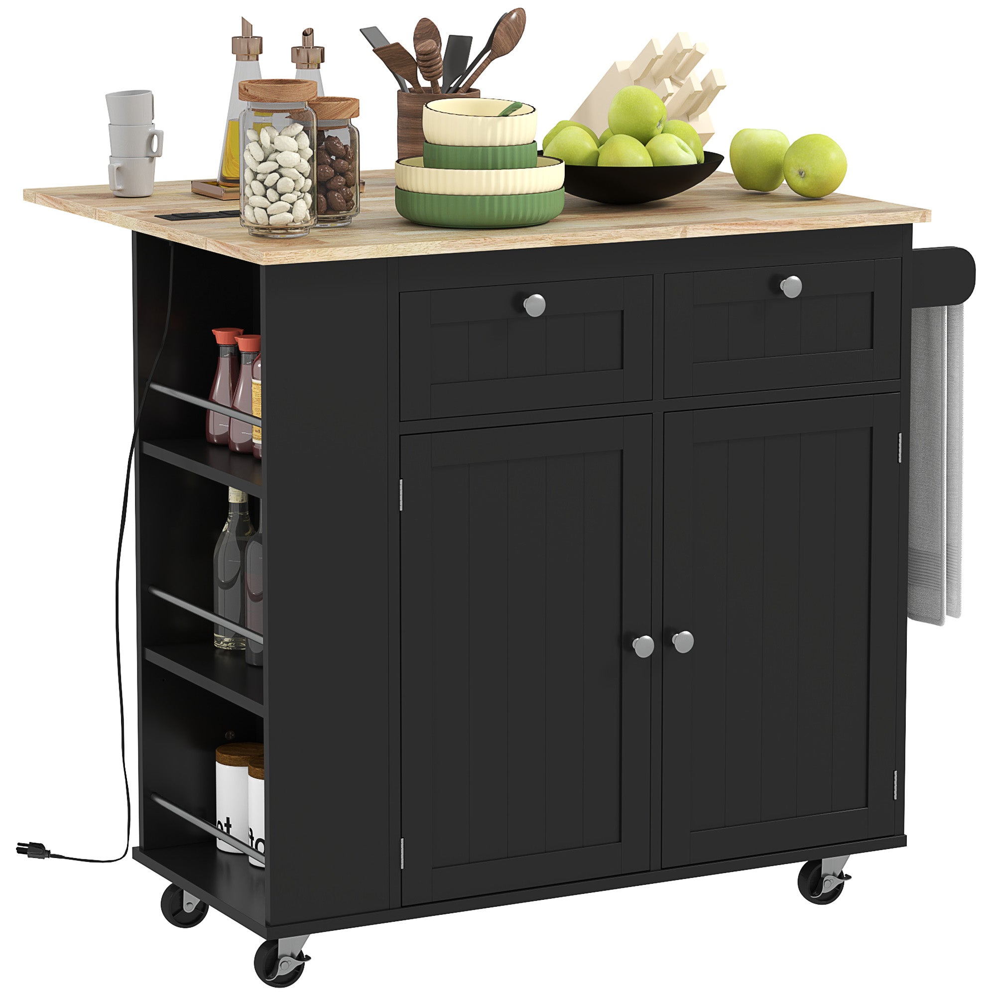 Kitchen Island with Power Outlet and Drop Leaf, Rolling Kitchen Cart with 2 Drawers and Adjustable Shelves, Black Kitchen Islands & Kitchen Carts at Gallery Canada