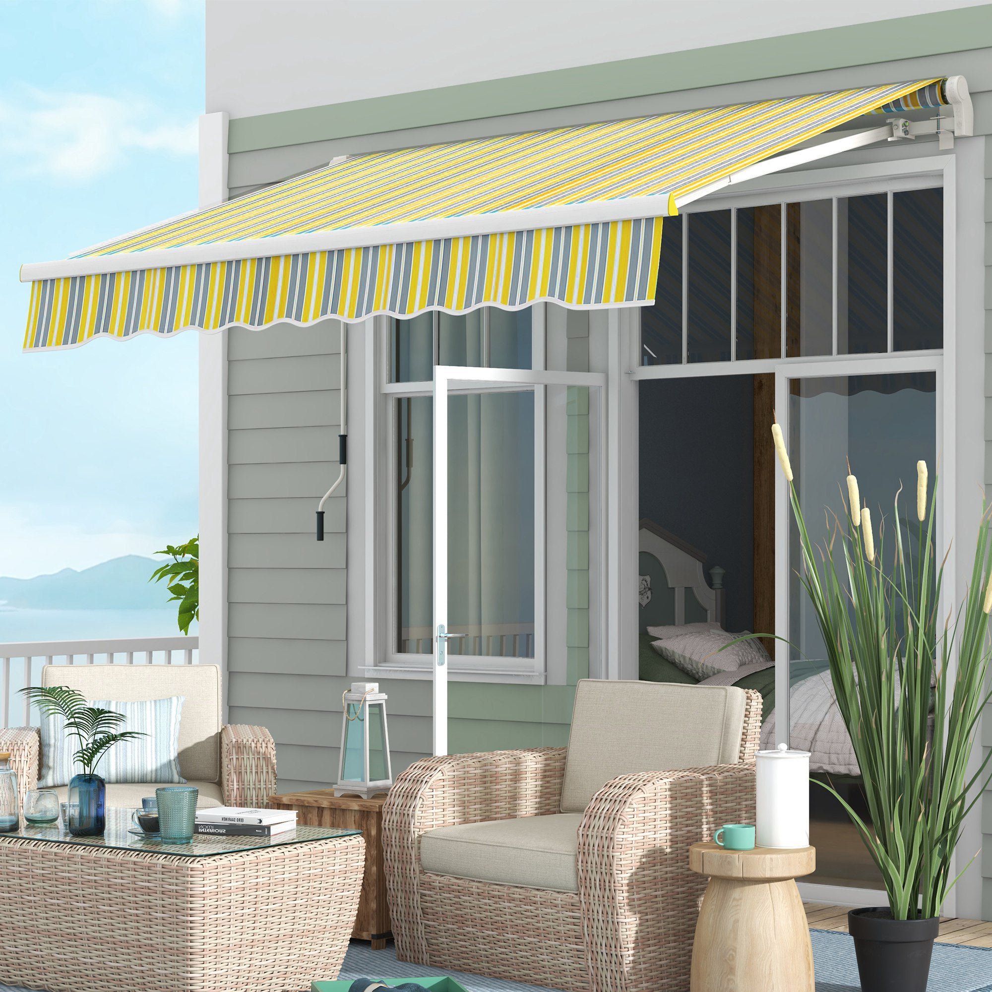 8' x 6.5' Manual Retractable Awning with LED Lights, Aluminum Sun Canopies for Patio Door Window, Yellow and Grey Door Awnings   at Gallery Canada