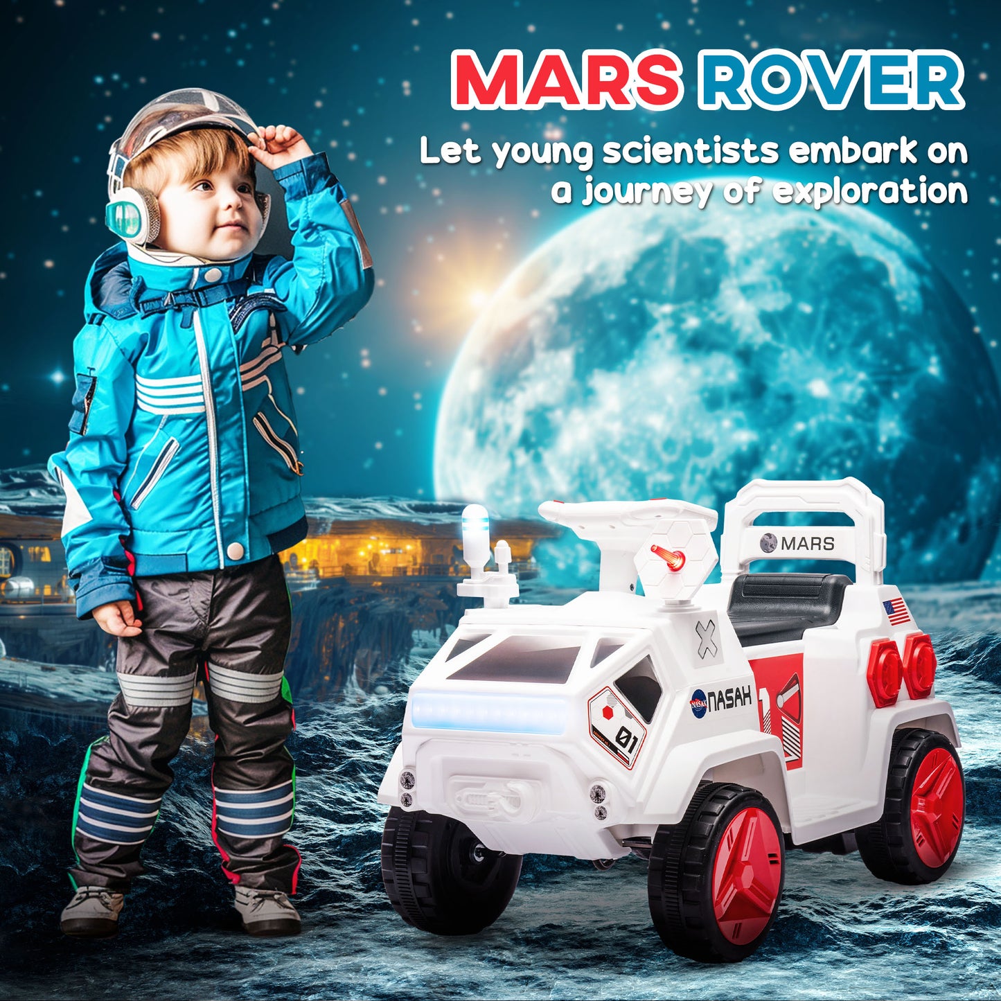 6V Mars Rover Electric Car for Kids with Sci-Fi Sounds, Lights, MP3, for Ages 3-5, White Electric Toy Cars   at Gallery Canada