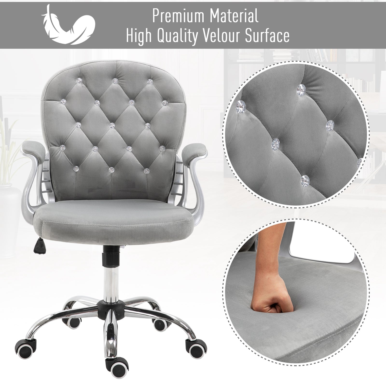 Velvet Vanity Office Chair, Button Tufted Swivel Chair with Adjustable Height, Padded Armrests and Tilt Function, Grey Task Chairs   at Gallery Canada