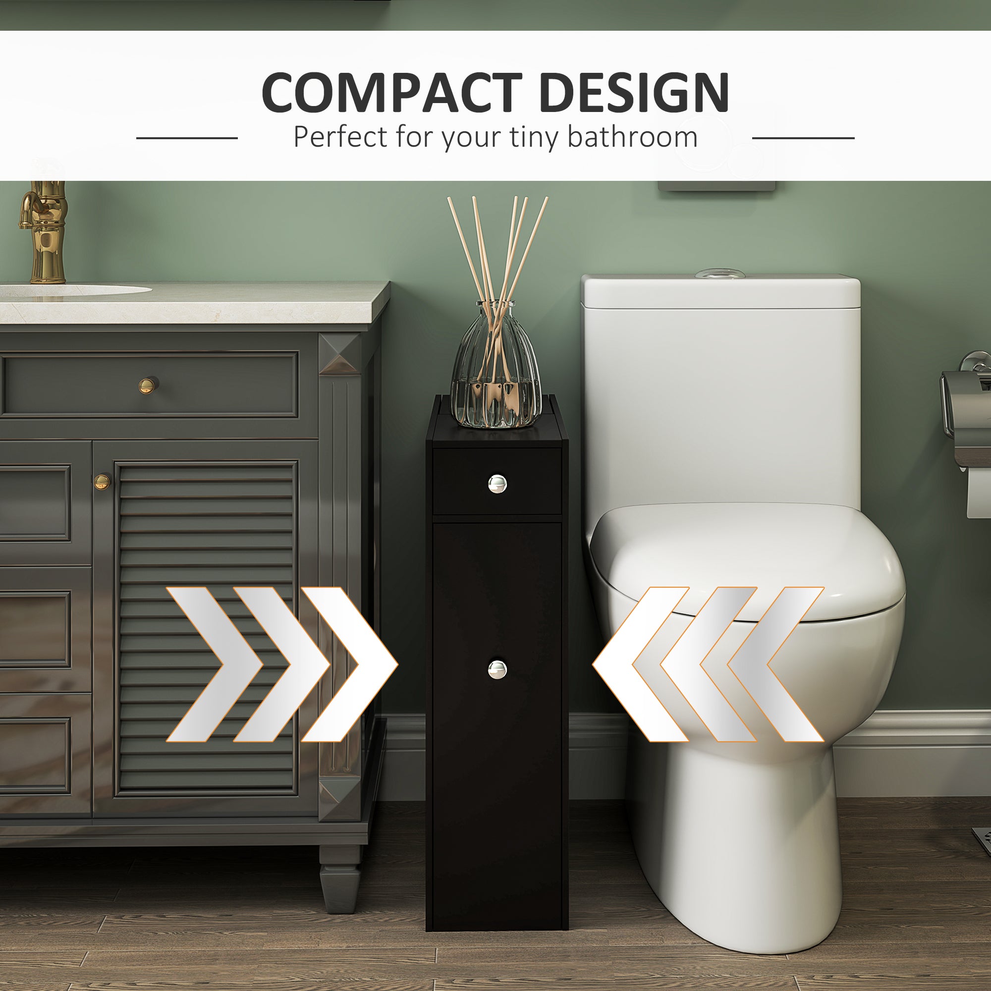 Space Saving Toilet Paper Cabinet, Narrow Bathroom Cabinet with Drawers and Hidden Storage, Black Bathroom Cabinets at Gallery Canada