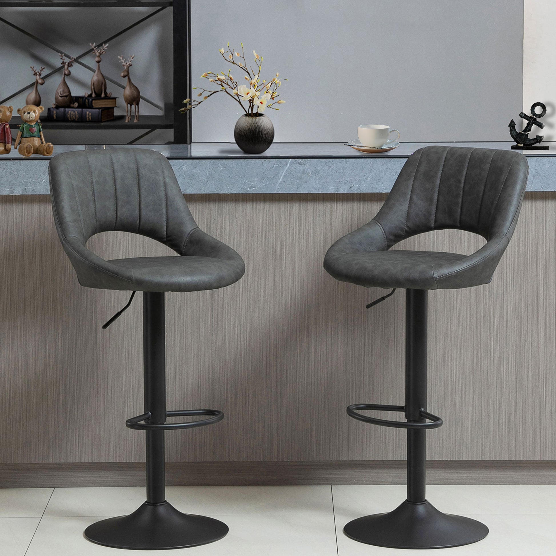 Set of 2 Adjustable Bar Stools with PU Upholstered Back, Footrest, Round Base for Kitchen, Dining Room, Grey Bar Stools   at Gallery Canada