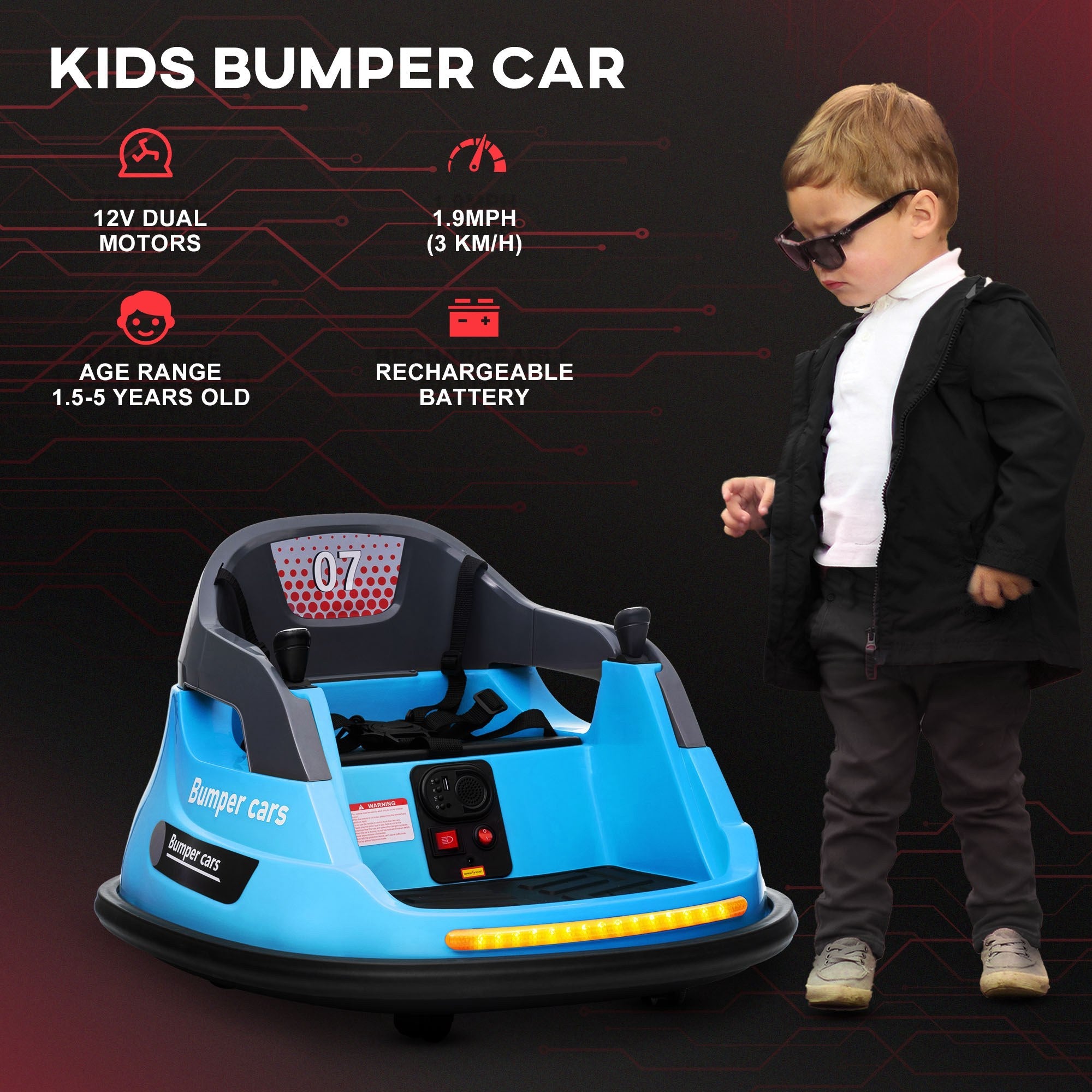 Bumper Car 12V 360° Rotation Electric Car for Kids, with Remote, Safety Belt, Lights, Music, for 1.5-5 Years Old, Blue Electric Toy Cars   at Gallery Canada