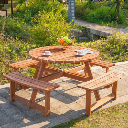 8 Seater Round Wooden Pub Bench &; Picnic Table, Patio Dining Set for Outdoor Patio (Umbrella Not Included)