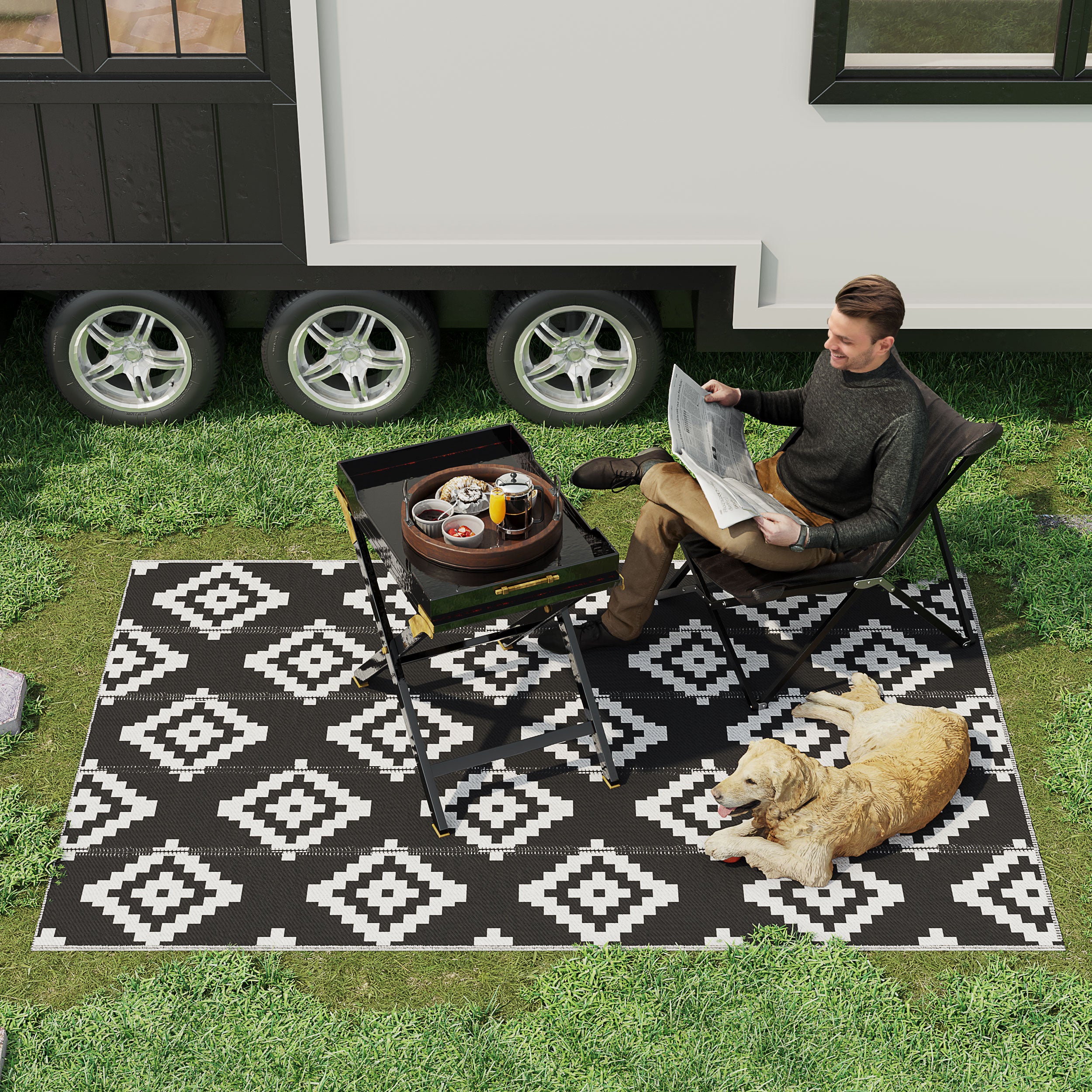 Reversible Outdoor RV Rug, Patio Floor Mat, 6' x 9' Plastic Straw Rug for Backyard, Deck, Beach, Camping, Black &; White Garden Decor at Gallery Canada