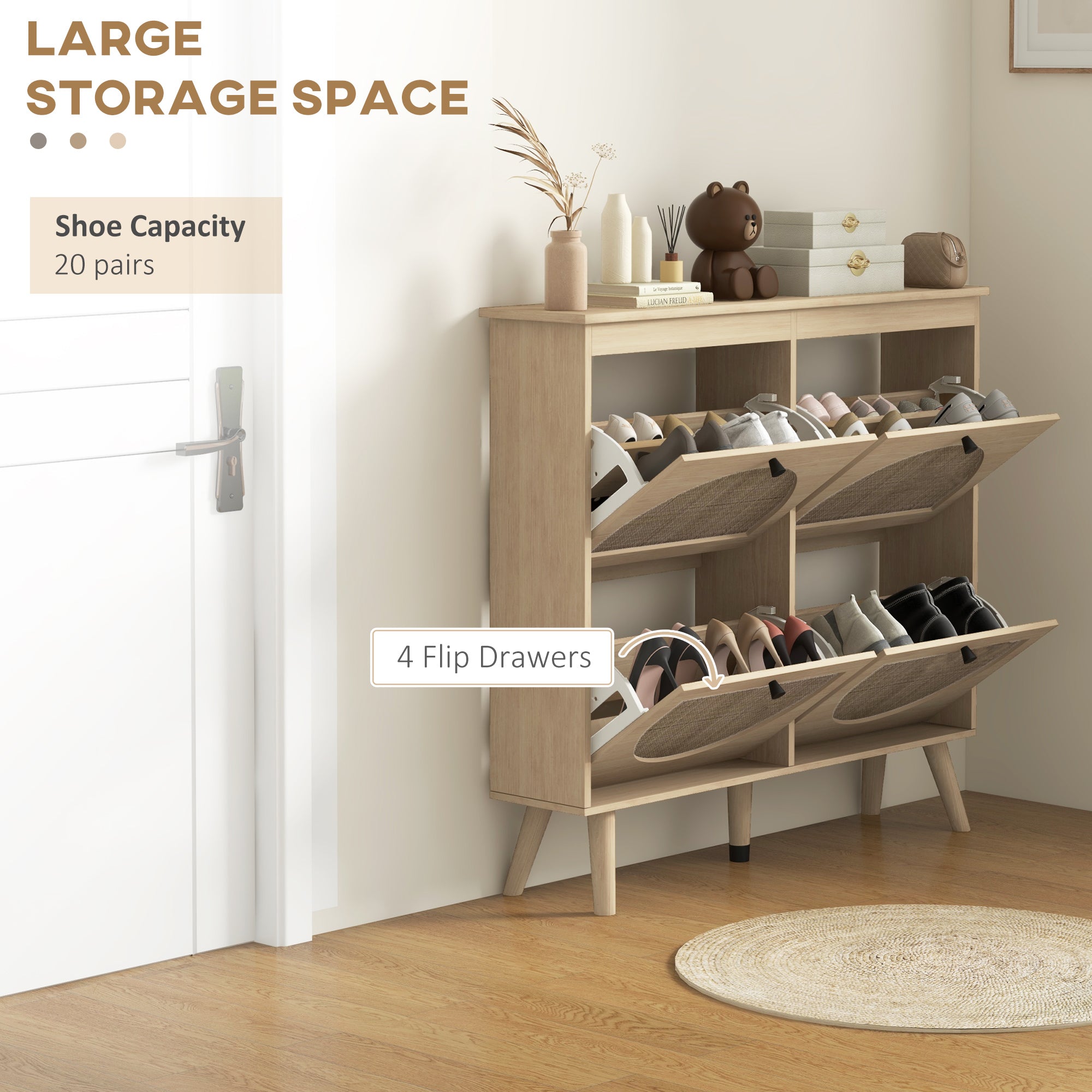 Shoe Cabinet for entryway, Shoe Storage Cabinet with 4 Flip Drawers and Adjustable Shelves for 20 Pairs of Shoes, Oak Shoe Storage Cabinets & Racks at Gallery Canada