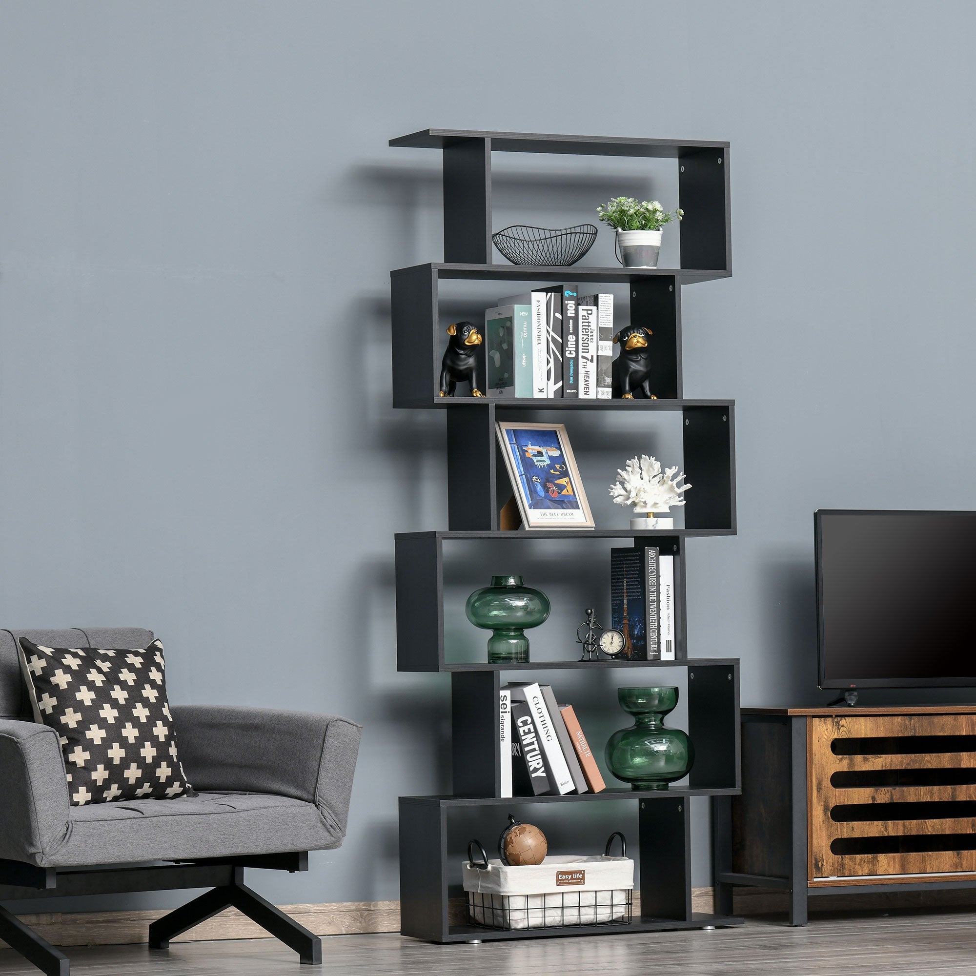 Wooden S Shape Bookcase 6 Shelves Storage Display Home Office Furniture Display Bookshelves   at Gallery Canada