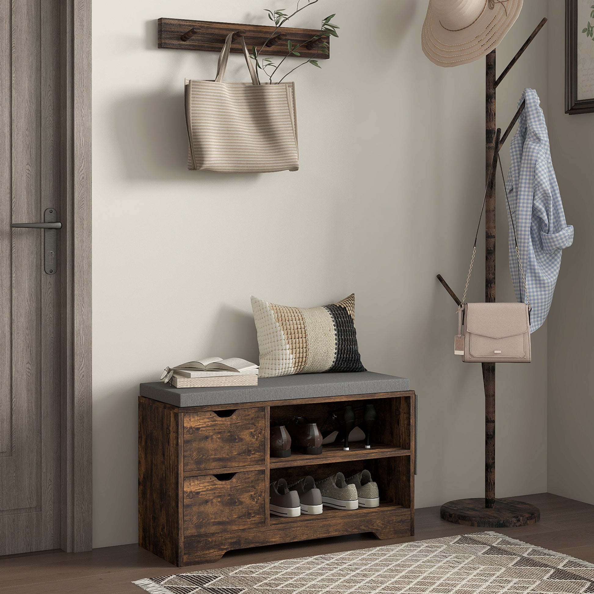 Upholstered Shoe Storage Bench w/ Seat, Entrance Bench w/ Drawer Open Shelves and Pocket for Hallway, Rustic Brown Shoe Storage Cabinets & Racks   at Gallery Canada