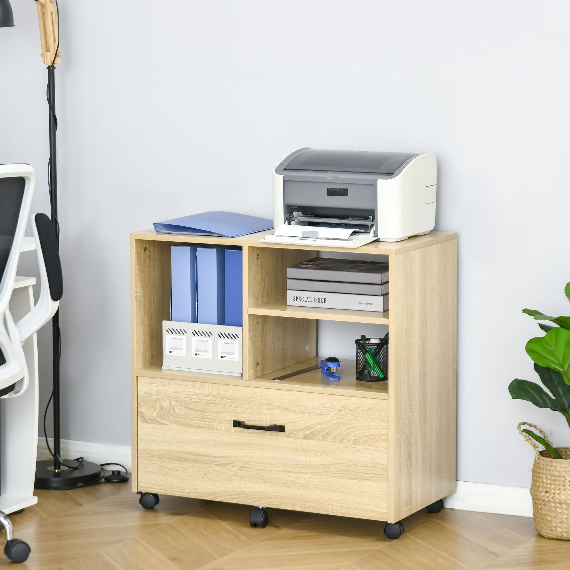 Lateral Filing Cabinet with Open Storage Shelf, Printer Stand, Mobile Office File Cabinet with Wheels for Letter and Legal Sized Files, Natural Office Cabinets & Cupboards at Gallery Canada