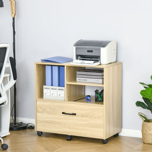 Lateral Filing Cabinet with Open Storage Shelf, Printer Stand, Mobile Office File Cabinet with Wheels for Letter and Legal Sized Files, Natural