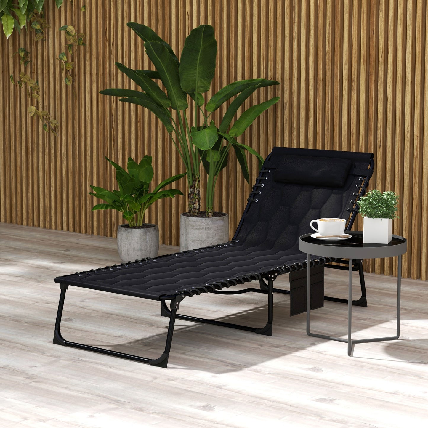 Folding Chaise Lounge with Reclining Back, 25.6" x 74" x 14.2", Black Lounger Chairs Black  at Gallery Canada