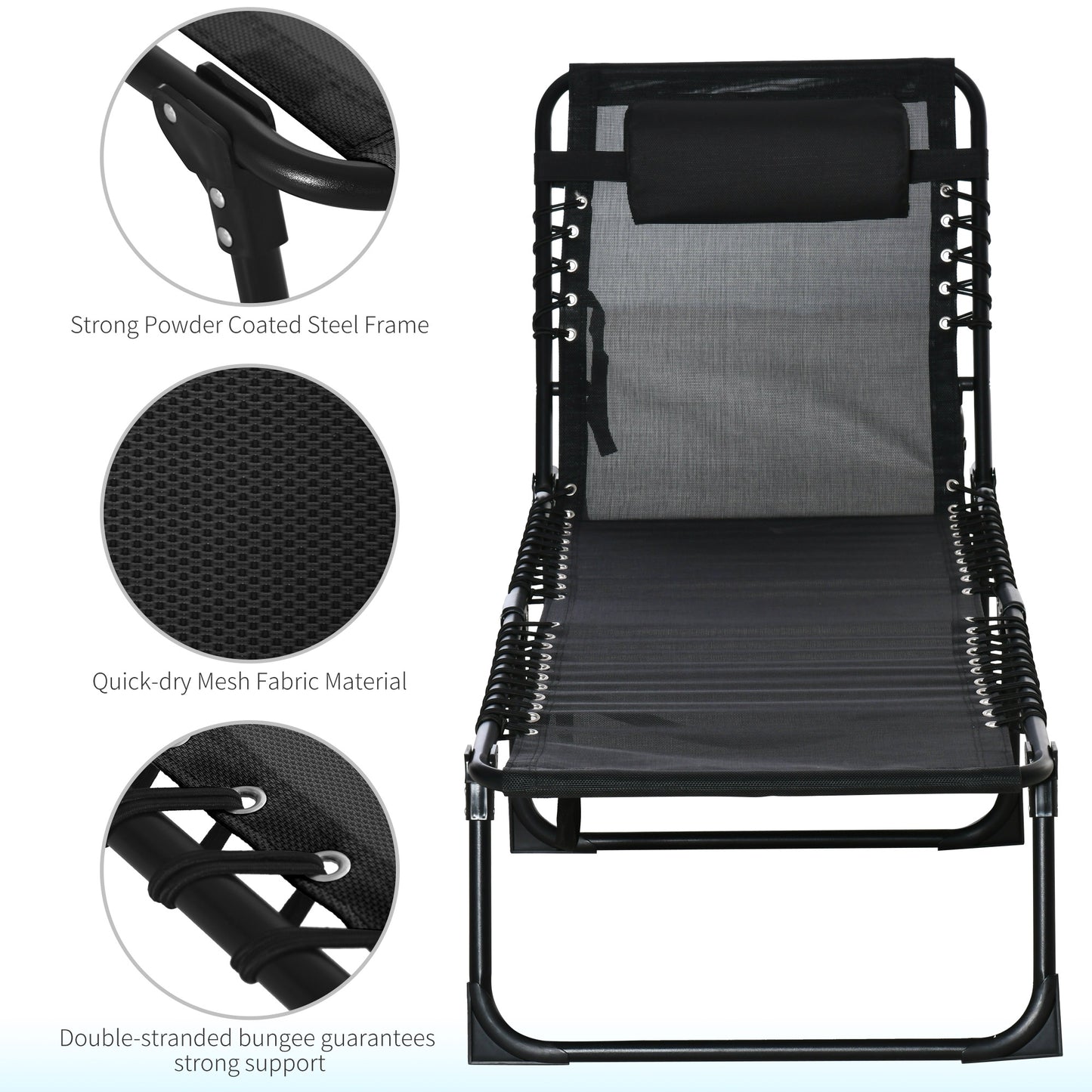 4-Level Adjustable Outdoor Folding Lounge Chair with Headrest, Black Lounger Chairs   at Gallery Canada