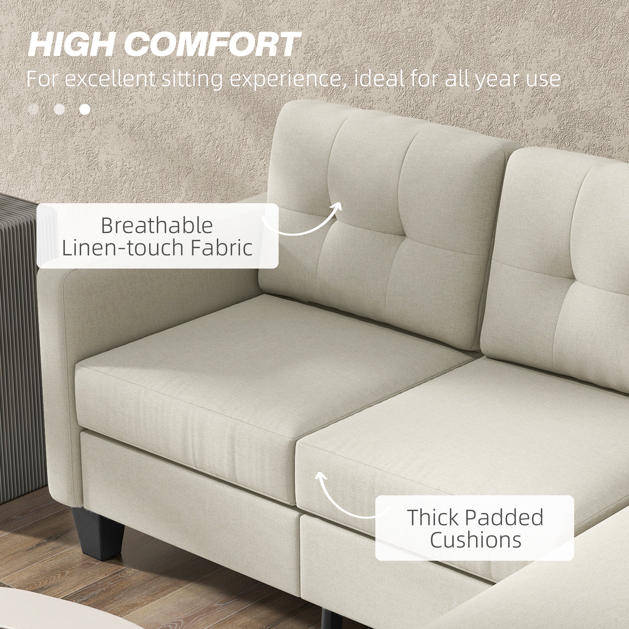 L-shaped Sofa, 3 Seater Sectional Couch with Ottoman, Corner Sofa with Thick Padded Cushion and Wood Legs, Beige 3-Seater Sofas at Gallery Canada