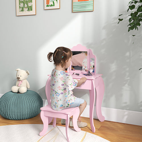 Kids Vanity Table and Stool, Makeup Vanity Girls Dressing Table Set with Tri-folding Mirrors Drawer Star and Heart Pattern, Pink