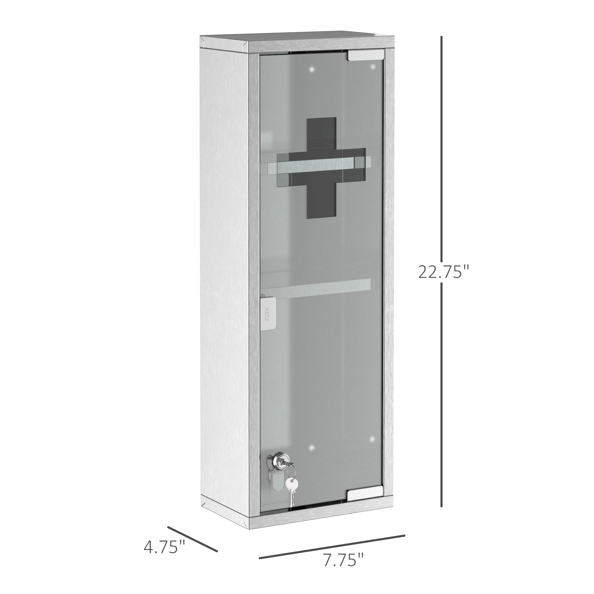 Wall Mount Medicine Cabinet, Bathroom Cabinet with 3 Tier Shelves, Stainless Steel Frame and Glass Door, Lockable with 2 Keys, Silver, 8