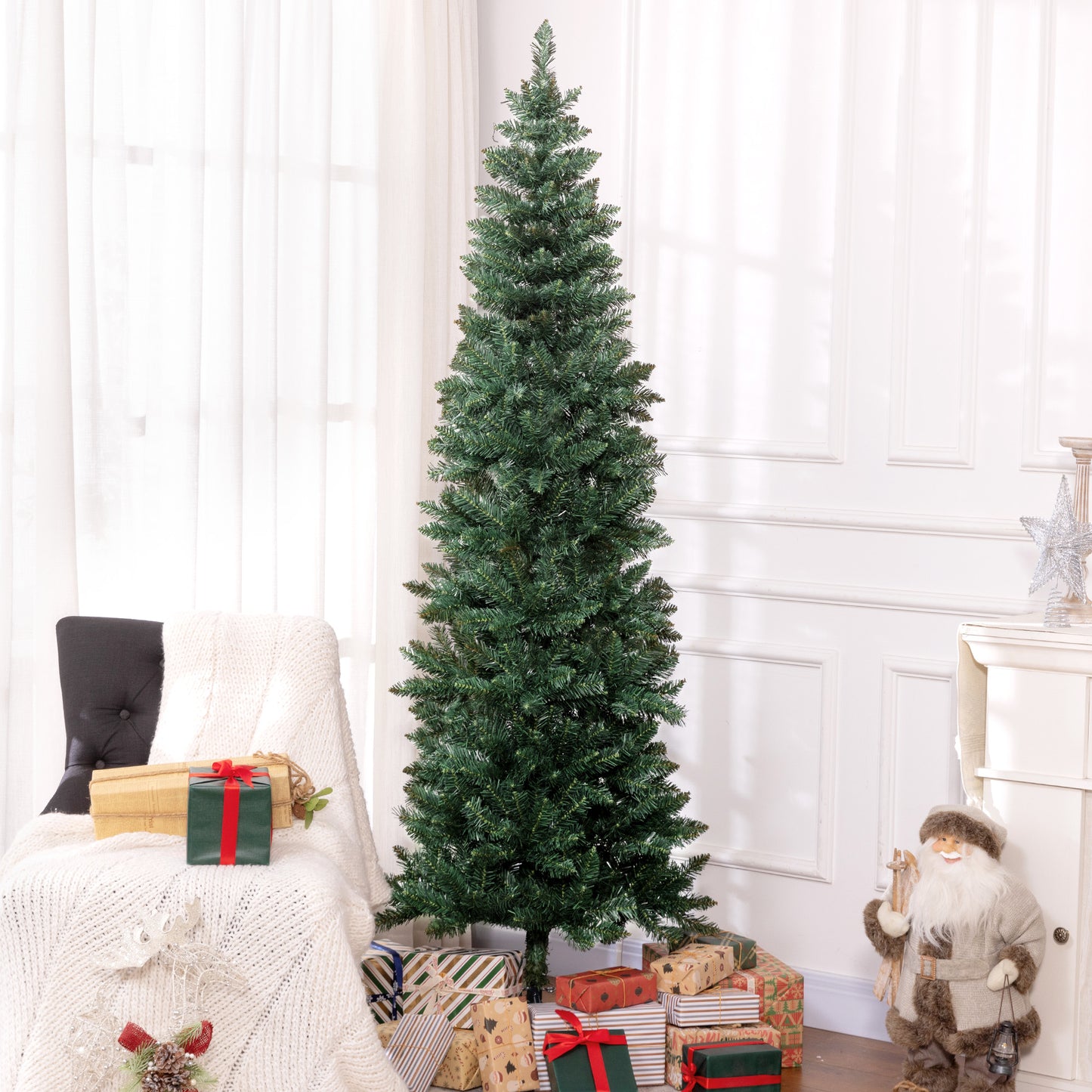 7ft Tall Pencil Artificial Christmas Tree with 687 Branch Tips with Steel Base, Green Pencil Christmas Trees Green  at Gallery Canada