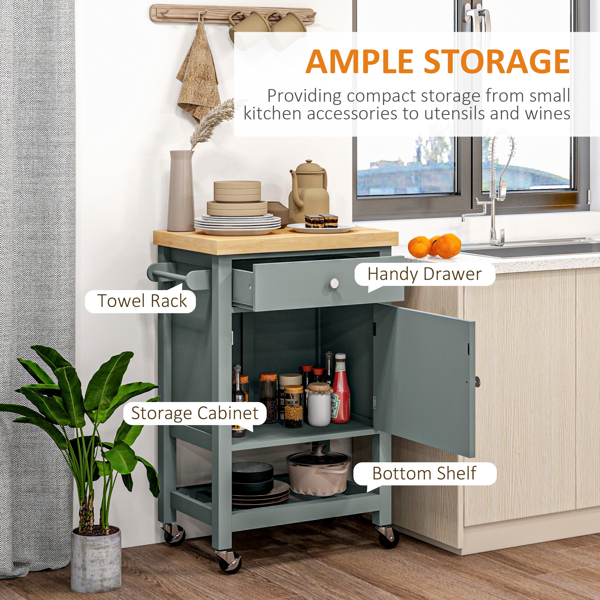 Kitchen Cart on Wheels, Rolling Kitchen Island Cart with Wood Top, Towel Rack, Drawer and Shelf for Dining Area, Grey Kitchen Islands & Kitchen Carts at Gallery Canada