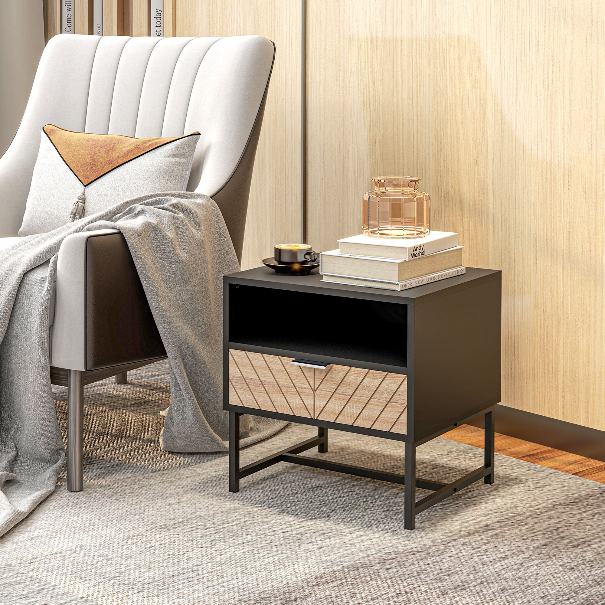 Modern Bedside Table with Drawer, Nightstand with Storage Shelf, Sofa End Table for Bedroom, Black and Oak Bedside Tables at Gallery Canada