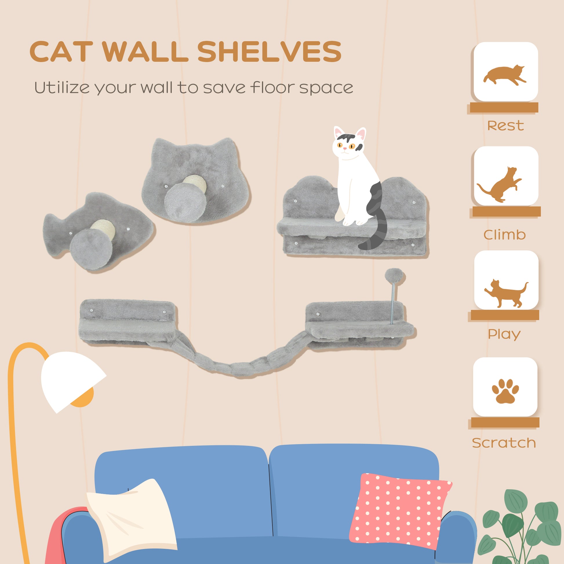 4PCs Cat Wall Shelves with Steps, Scratching Posts, Ladder, Platforms, Toy Balls Cat Climbing Wall   at Gallery Canada